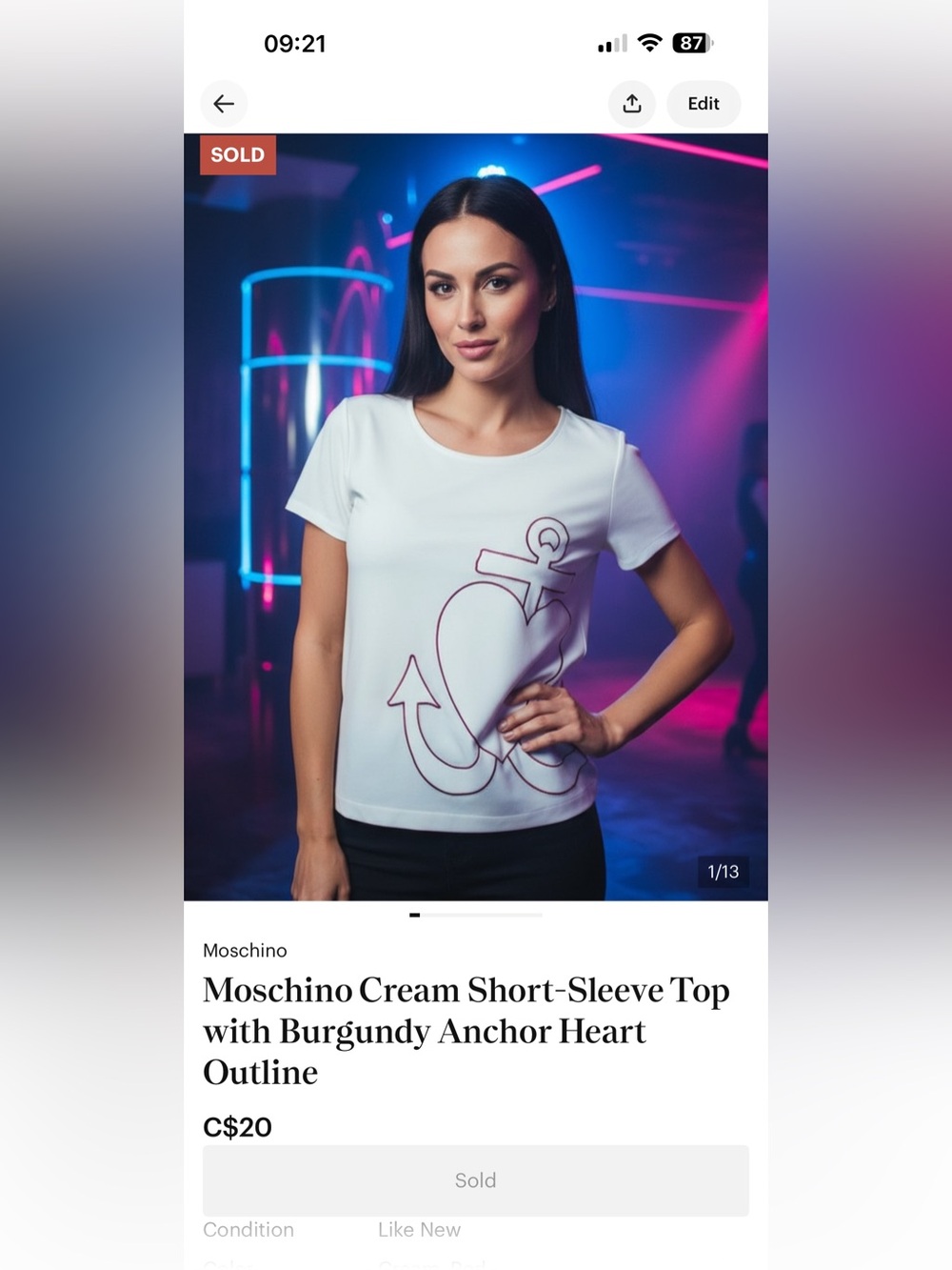 Moschino Cream Short-Sleeve Tee with Burgundy Anchor Heart Graphic
